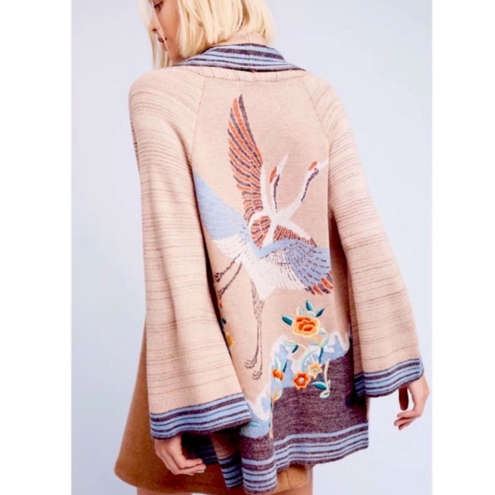 Anthropologie long open embroidered crane cardigan by HWR monogram Large RARE